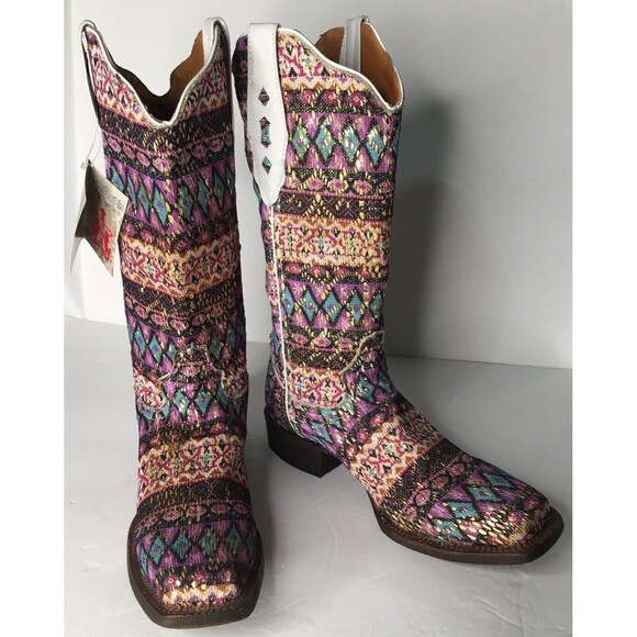 NEW Tanner Mark Cowboy Western Boot TML37001 Purple Serape Aztec Glitter Sz 7.5 - Picture 2 of 16